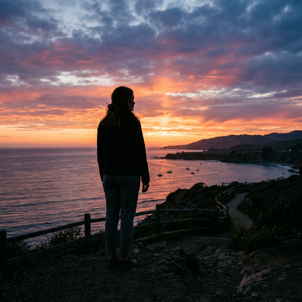 Person silhouetted against colorful sunset over coastal cliffs and ocean