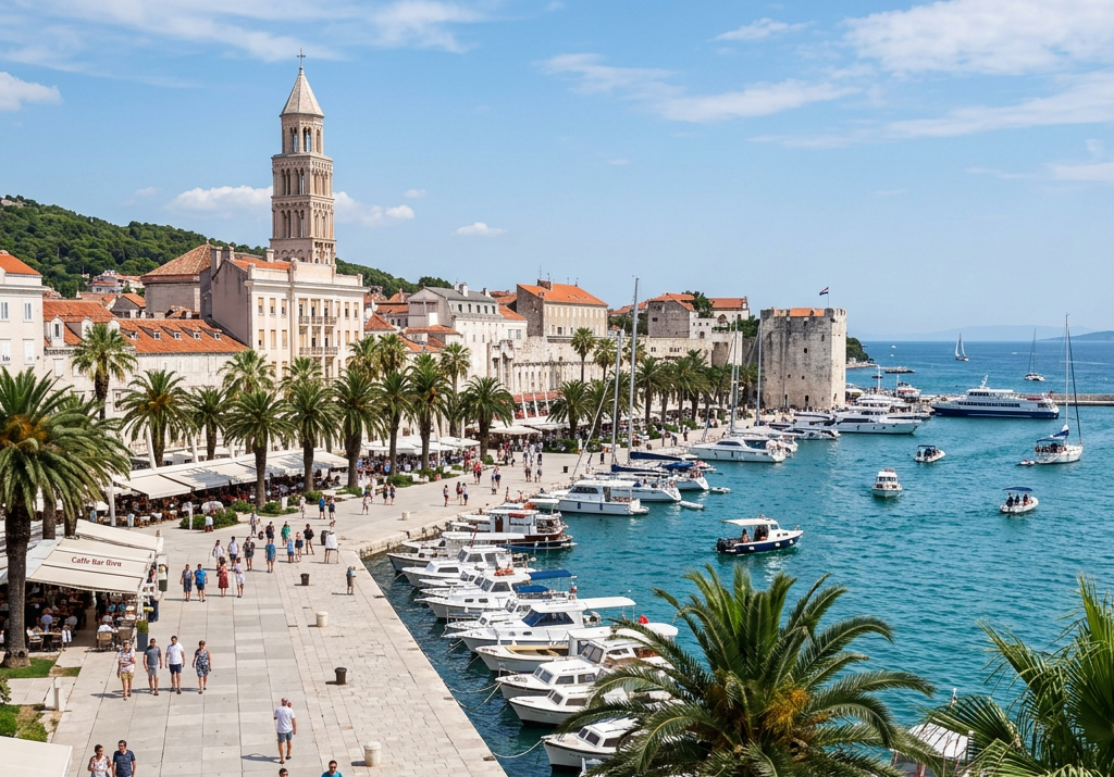 Palm-lined Split waterfront promenade with historic buildings, boats, and harbor